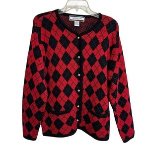 Crystal Kobe Vintage Cardigan Sweater Size Medium Red Argyle Classic Preppy